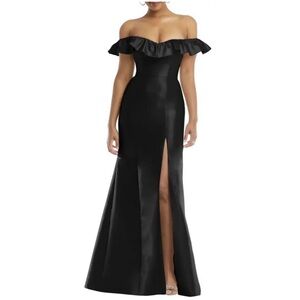Alfred Sung Off the Shoulder Ruffle Satin Trumpet Gown in Black, SIZE 10 0904
